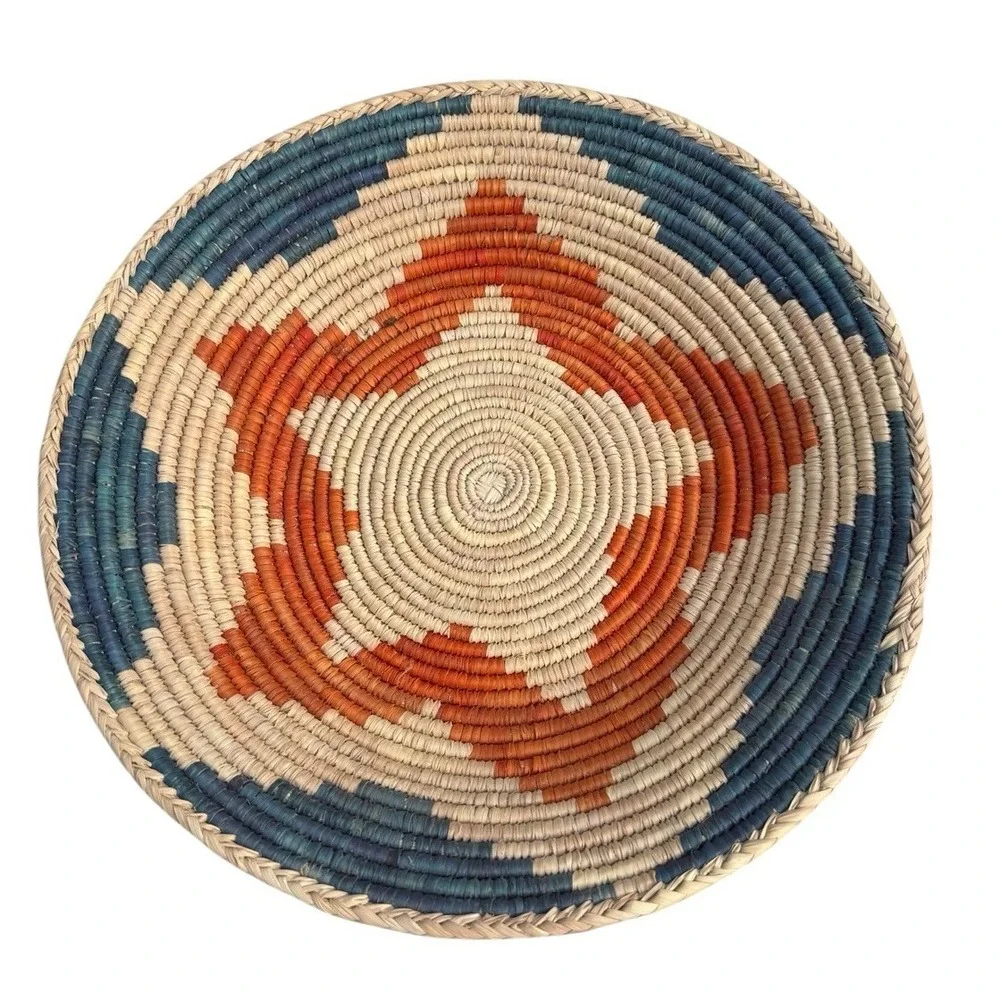 Vintage Navajo Style Handwoven Wedding  Basket Star Orange Blue 15 1/2